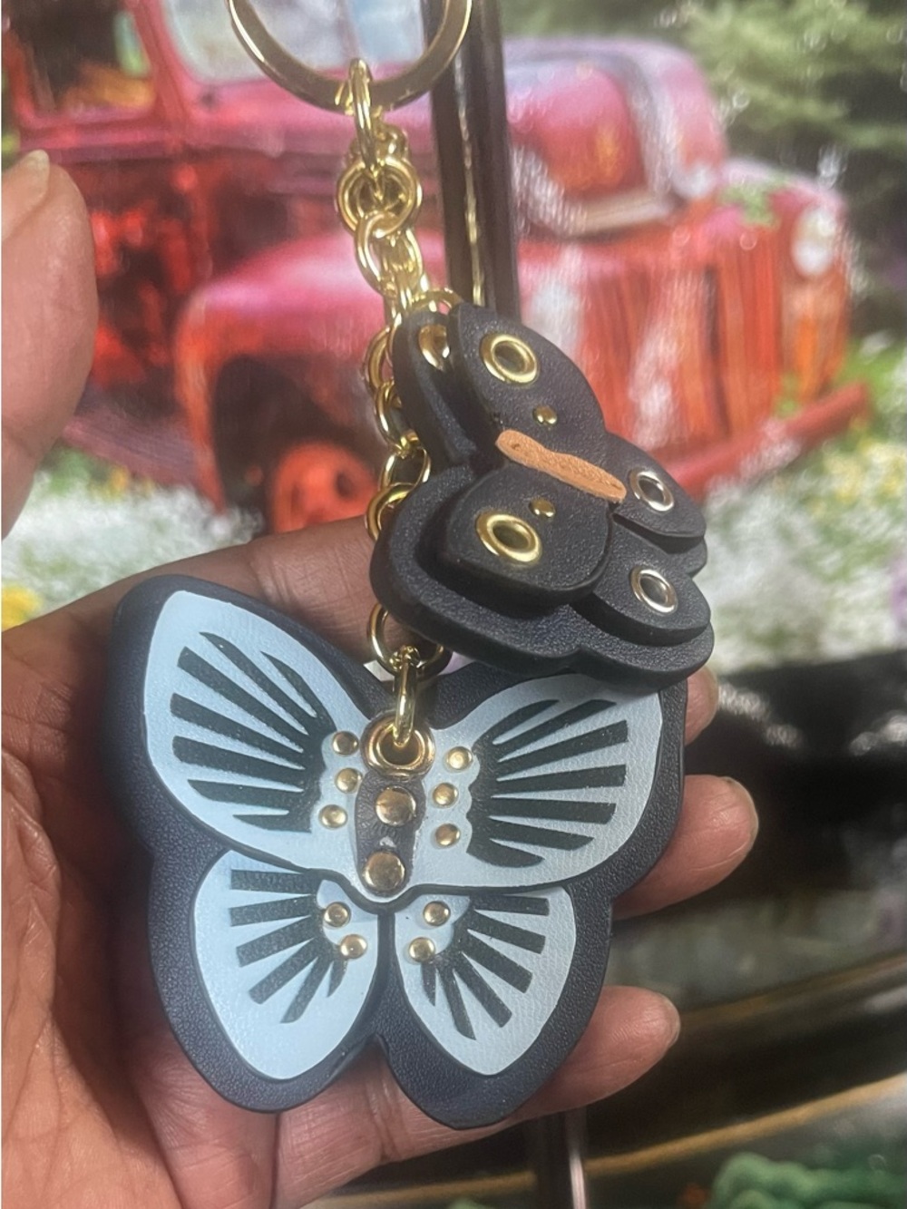 Butterfly Leather Keychain Bag Charm - Black & Light Blue